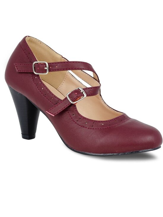 Chase + Chloe Shoes - Women’s Double Strap Mary Jane Heels – Round Toe Pumps with Buckle Straps & Mid